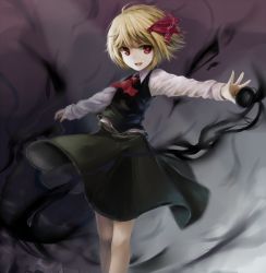 Rule 34 | 1girl, af-henrytz, ascot, blonde hair, darkness, dress shirt, highres, outstretched arm, outstretched arms, red eyes, ribbon, rumia, shirt, short hair, skirt, skirt set, smile, solo, spread arms, touhou