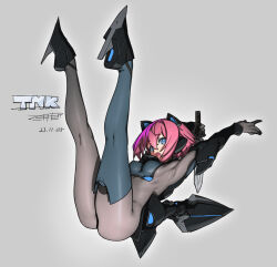 Rule 34 | 1girl, ass, blue eyes, bodysuit, breasts, dated, gloves, grey background, grey bodysuit, grey gloves, hair between eyes, headgear, high heels, highres, holding, holding weapon, medium breasts, open mouth, original, pink hair, short hair, signature, single thighhigh, solo, takada kazuhiro, thighhighs, weapon