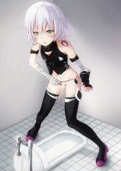 Rule 34 | 1girl, absurdres, bar censor, black footwear, black gloves, black panties, blush, boots, censored, clothing aside, facial scar, fate/apocrypha, fate (series), female focus, fingerless gloves, gloves, green eyes, highres, jack the ripper (fate/apocrypha), kuroi96, midriff, navel, open mouth, panties, panties aside, peeing, pussy, restroom, scar, scar across eye, scar on cheek, scar on face, solo, squat toilet, standing, thigh boots, thighhighs, toilet, toilet use, underwear, white hair
