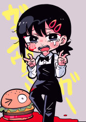 Rule 34 | 1girl, apron, black apron, black bow, black bowtie, black pants, blood, blood on clothes, blood on face, bow, bowtie, burger, chainsaw man, clip, collared shirt, double v, family burger mascot (chainsaw man), food, grey background, higashiyama kobeni, highres, looking at viewer, medium hair, one eye closed, open mouth, pants, pool of blood, sad, severed head, shirt, short ponytail, simple background, single sidelock, solo, swept bangs, tearing up, terada tera, v, white shirt
