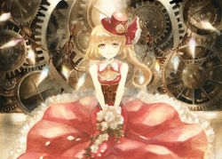 Rule 34 | 1girl, acrylic paint (medium), alternate costume, ascot, bad id, bad pixiv id, blonde hair, bouquet, corset, dress, flandre scarlet, flower, frilled dress, frilled skirt, frills, gears, gown, hat, hat ornament, hat ribbon, keiko (mitakarawa), light smile, lolita fashion, looking at viewer, painting (medium), red dress, ribbon, rose, short hair, side ponytail, sitting, skirt, sleeveless, sleeveless dress, solo, steampunk, top hat, touhou, traditional media, v arms, watercolor (medium), white flower, white rose, wing collar, wings, yellow eyes