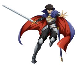 Rule 34 | 1boy, armor, black hair, blue eyes, cape, character name, dieselburns, elbow gloves, full body, gloves, highres, knight, langrisser, langrisser mobile, looking at viewer, male focus, official art, pants, parn (lodoss), parted lips, record of lodoss war, serious, short hair, solo, sword, weapon