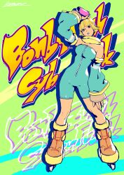 Rule 34 | 1girl, absurdres, bel (bomb rush cyberfunk), black eyes, blonde hair, blue lips, bob cut, bomb rush cyberfunk, breasts, commentary request, contrapposto, copyright name, detached sleeves, full body, highres, holding, inline skates, jewelry, kotatsu (g-rough), large breasts, leotard, neck ring, roller skates, signature, skates, sleeves past wrists, solo, spray can, strapless, strapless leotard, zipper