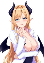 Rule 34 | 1girl, asymmetrical hair, bat tattoo, black skirt, blonde hair, blouse, blue eyes, blush, breast hold, breast tattoo, breasts, cleavage, closed mouth, coat, collared shirt, commentary, demon girl, demon horns, demon wings, frilled shirt, frills, hair ribbon, high-waist skirt, hololive, horns, kosuke (bb), lab coat, large breasts, licking lips, lips, long hair, long sleeves, looking at viewer, open clothes, open coat, parted bangs, pink shirt, pointy ears, ribbon, shirt, shirt tucked in, sidelocks, simple background, skirt, sleeveless, sleeveless shirt, smile, solo, straight hair, tattoo, tongue, tongue out, upper body, virtual youtuber, white background, white coat, white ribbon, wing collar, wings, yuzuki choco, yuzuki choco (1st costume)