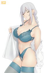 Rule 34 | 1girl, ak-12 (girls&#039; frontline), blue bra, blue panties, blue thighhighs, bra, braid, braided ponytail, breasts, closed eyes, collarbone, girls&#039; frontline, highres, j adsen, large breasts, lingerie, long hair, looking at viewer, navel, panties, shirt, shirt partially removed, simple background, solo, stomach, thighhighs, underwear, undressing, white background, white hair