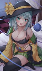 Rule 34 | 1girl, absurdres, bed, bed sheet, black bra, black hat, black thighhighs, blush, bra, breasts, buttons, checkered floor, cleavage, collarbone, diamond button, frilled sleeves, frills, green eyes, green hair, green skirt, hair between eyes, hat, hat ribbon, highres, indoors, komeiji koishi, large breasts, long sleeves, looking at viewer, medium hair, open mouth, pillow, ramie (ramie541), ribbon, shirt, skirt, smile, solo, thighhighs, third eye, touhou, underwear, wide sleeves, yellow ribbon, yellow shirt