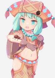 Rule 34 | 1girl, :d, aqua hair, backpack, bag, bead necklace, beads, blue eyes, brown bag, brown gloves, bug, gloves, hat, highres, hip vent, jazz grace, jewelry, long hair, navel, necklace, no panties, open mouth, pants, raised eyebrows, rhinoceros beetle, sequel (series), sequel blight, simple background, smile, solo, uula (sequel), white background, yellow pants
