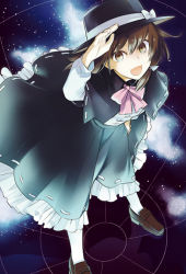 Rule 34 | 1girl, brown eyes, brown hair, female focus, hat, nakatani, open mouth, reflection, salute, short hair, smile, solo, space, standing, star (sky), touhou, usami renko