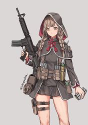 Rule 34 | 1girl, absurdres, braid, breasts, brown eyes, brown hair, capelet, grey background, gun, hair ribbon, highres, holding, holding gun, holding weapon, hood, hood up, hooded capelet, kantai collection, lithographica, long hair, long sleeves, mk18, pouch, ribbon, shinshuu maru (kancolle), simple background, skirt, solo, magazine (weapon), thigh strap, twin braids, twitter username, weapon