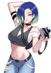 Rule 34 | 1girl, arm behind head, blue hair, bob cut, breasts, camera, creatures (company), denim, game freak, green eyes, highres, holding, holding camera, jeans, looking at viewer, medium breasts, midriff, multicolored hair, navel, nintendo, pants, perrin (pokemon), pokemon, pokemon sv, red eyes, short hair, smile, solo, two-tone hair, undershirt, white background, wide hips, zet (twt zet)