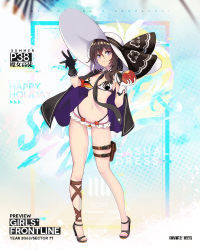 Rule 34 | :3, alternate hairstyle, apple, armband, between breasts, bikini, black cloak, black gloves, black necktie, blush, breasts, brown hair, cleavage, cloak, closed mouth, copyright name, detached collar, flag print, food, frilled bikini, frills, fruit, full body, german flag bikini, girls&#039; frontline, gloves, hair between eyes, hair over shoulder, hand up, handprint, hat, holding, holding food, holding fruit, holster, logo, long hair, looking at viewer, medium breasts, nail polish, navel, necktie, necktie between breasts, official alternate costume, official art, p38 (apprentice witch) (girls&#039; frontline), p38 (girls&#039; frontline), purple eyes, sandals, sidelocks, skindentation, solo, stomach, sun hat, swimsuit, thigh holster, thigh strap, tori (minamopa), white gloves, white hat