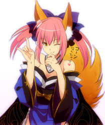 Rule 34 | 10s, 1girl, \n/, animal ears, bad id, bad pixiv id, bare shoulders, bow, breasts, brown eyes, cleavage, detached sleeves, dress, fate/extra, fate (series), fox ears, fox shadow puppet, fox tail, gold trim, hair bow, hair ribbon, heart, izru, japanese clothes, medium breasts, one eye closed, pink hair, ribbon, short hair, short twintails, sidelocks, smile, solo, tail, tamamo (fate), tamamo no mae (fate/extra), translation request, twintails, wink