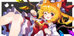 Rule 34 | 1girl, ;d, absurdres, animal ears, ascot, black background, blonde hair, bloomers, border, bow, cat ears, clenched hands, crystal, fang, fingernails, flandre scarlet, hat, hat bow, highres, long fingernails, looking at viewer, medium hair, mob cap, nail polish, one eye closed, open mouth, puffy short sleeves, puffy sleeves, red bow, red eyes, red nails, short sleeves, side ponytail, simple background, skin fang, smile, solo, touhou, underwear, white border, white hat, wings, yellow ascot, yuujin (yuzinn333)