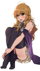 Rule 34 | 1girl, ahoge, bad id, bad pixiv id, black skirt, black thighhighs, blonde hair, blush, commentary request, feet, green eyes, hands on feet, highres, hoshii miki, idolmaster, idolmaster (classic), kurokin, long hair, looking at viewer, no shoes, open mouth, simple background, sitting, skirt, solo, thighhighs, white background, white skirt