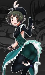 Rule 34 | 00s, 1boy, akizuki ryo, antenna hair, ass, blush, brown eyes, brown hair, cellphone, crossdressing, dress, feathers, gloves, hat, high heels, highres, idolmaster, idolmaster dearly stars, jewelry, leg up, looking back, male focus, open mouth, pantyhose, pendant, phone, shoes, solo, sweat, trap, ttomm
