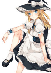 Rule 34 | 1girl, apron, black dress, blonde hair, blue eyes, bow, braid, dress, hat, hat bow, highres, kirisame marisa, long hair, looking at viewer, mary janes, puffy short sleeves, puffy sleeves, rinarisa, shirt, shoes, short sleeves, single braid, sitting, solo, touhou, waist apron, witch hat, wrist cuffs