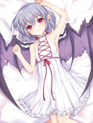 Rule 34 | 1girl, armpits, bare arms, bat wings, bed sheet, blue hair, breasts, dress, hair between eyes, knees together feet apart, looking at viewer, lying, medium breasts, meuneyu, on back, pink eyes, pointy ears, red ribbon, remilia scarlet, ribbon, solo, tareme, torn wings, touhou, turtleneck, white dress, wings