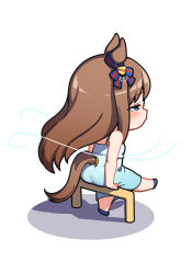 Rule 34 | 1girl, animal ears, ass, blue dress, blue eyes, blue footwear, blush, breasts, brown hair, chibi, commentary, dress, ear ornament, from behind, from side, grass wonder (umamusume), highres, horse ears, horse girl, horse tail, long hair, profile, sitting, sleeveless, sleeveless dress, small breasts, solo, tail, umamusume, very long hair, warashi
