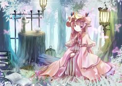 Rule 34 | 1girl, blush, book, bow, bug, butterfly, cage, capelet, crescent, cup, dress, female focus, hat, bug, lantern, long hair, patchouli knowledge, pot, purple eyes, purple hair, ribbon, risutaru, sitting, touhou