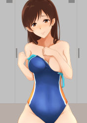 Rule 34 | 10s, 1girl, absurdres, blush, breasts, brown eyes, brown hair, clothes pull, competition swimsuit, highres, idolmaster, idolmaster cinderella girls, idolmaster cinderella girls starlight stage, locker, locker room, long hair, nitta minami, one-piece swimsuit, one-piece swimsuit pull, raidensan, solo, swimsuit, undressing