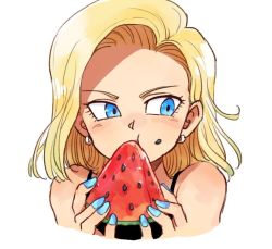 Rule 34 | 1girl, android 18, bare shoulders, blonde hair, blue eyes, blue nails, dragon ball, dragonball z, earrings, eating, face, food, food on face, fruit, jewelry, looking to the side, nail polish, seed, short hair, simple background, solo, tank top, tkgsize, watermelon, white background