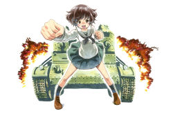 Rule 34 | 10s, 1girl, :d, akiyama yukari, black socks, blouse, blush stickers, bow, bowtie, brown eyes, brown footwear, brown hair, caterpillar tracks, clenched hand, clenched hands, fire, foreshortening, full body, girls und panzer, green skirt, highres, loafers, long sleeves, looking at viewer, messy hair, military, military vehicle, miniskirt, missacula, motor vehicle, neckerchief, ooarai school uniform, open mouth, pleated skirt, school uniform, serafuku, shirt, shoes, short hair, skirt, smile, socks, solo, standing, tank, vehicle, white shirt