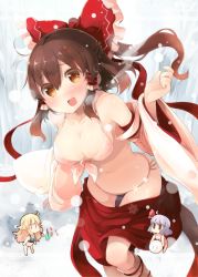Rule 34 | 3girls, :d, bikini, blush, bow, breasts, brown eyes, brown hair, cleavage, clothes pull, commentary request, detached sleeves, front-tie top, hair bow, hair tubes, hakurei reimu, kirisame marisa, large breasts, long hair, looking at viewer, mini person, minigirl, multiple girls, open mouth, ponytail, remilia scarlet, shin (new), side-tie bikini bottom, skirt, skirt pull, smile, snow, swimsuit, touhou, white bikini, | |