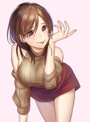 Rule 34 | 1girl, bent over, breasts, brown eyes, brown hair, chocolate, clothing cutout, dripping, hiwakana6121, large breasts, legs, licking lips, lips, looking at viewer, miniskirt, original, pink background, red eyes, red skirt, ribbed sweater, shoulder cutout, simple background, skirt, solo, sweater, thighs, tongue, tongue out, turtleneck