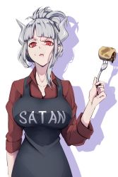 Rule 34 | 1girl, :t, absurdres, apron, arm at side, arm up, black apron, blunt bangs, breasts, collarbone, collared shirt, commentary request, danboru (jdanboru1182), demon girl, demon horns, english text, food, food in mouth, food on face, fork, hair bun, helltaker, highres, holding, holding fork, horns, large breasts, long sleeves, looking at viewer, lucifer (helltaker), open mouth, red eyes, red shirt, shadow, shirt, short hair, sidelocks, silver hair, simple background, single hair bun, sleeves rolled up, solo, standing, upper body, white background, wing collar