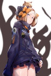 Rule 34 | 1girl, abigail williams (fate), abigail williams (traveling outfit) (fate), alternate hairstyle, bandaid, bandaid on face, bandaid on forehead, belt, black bow, black jacket, black panties, blonde hair, blue eyes, blush, bow, clothes lift, fate/grand order, fate (series), forehead, hair bow, hair bun, heroic spirit traveling outfit, high collar, highres, jacket, jacket lift, long hair, looking at viewer, official alternate costume, orange bow, panties, parted bangs, polka dot, polka dot bow, shadow, single hair bun, sleeves past fingers, sleeves past wrists, solo, tentacles, thighs, underwear, uno ryoku