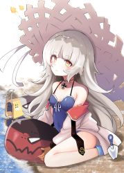 Rule 34 | 10eki (tenchou), 1girl, azur lane, beach, blue one-piece swimsuit, breasts, collarbone, commentary, cross, gloves, grey hair, hair ornament, hat, highres, iron cross, jacket, light smile, long hair, looking at viewer, mole, mole under eye, necktie, one-piece swimsuit, sand, seiza, shovel, simple background, sitting, small breasts, solo, straw hat, swimsuit, water gun, yellow eyes, z46 (azur lane), z46 (her first summer) (azur lane)