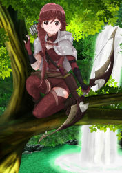 Rule 34 | 10s, 1girl, arrow (projectile), bow (weapon), braid, brown eyes, brown gloves, brown hair, brown shorts, brown thighhighs, fingerless gloves, gloves, hai to gensou no grimgar, highres, holding, holding weapon, in tree, long hair, looking at viewer, nihility, outdoors, shorts, single braid, solo, thighhighs, tree, weapon, yume (grimgar)