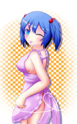 Rule 34 | 1girl, :p, absurdres, apron, bad id, bad pixiv id, blue eyes, blue hair, blush stickers, breasts, checkered background, female focus, hair bobbles, hair ornament, heart, heart of string, highres, kawashiro nitori, looking at viewer, matching hair/eyes, naked apron, no headwear, no headwear, one eye closed, oohirakeisuke, short hair, sideboob, solo, tongue, tongue out, touhou, twintails, two side up, wink