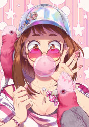 Rule 34 | 1girl, alternate costume, animal, animal on shoulder, badge, baseball cap, beak hold, bird, bird on shoulder, boku no hero academia, bracelet, breasts, brown-framed eyewear, brown eyes, brown hair, blowing bubbles, button badge, candy, casual, chewing gum, cleavage, crescent, crescent earrings, diagonal stripes, earrings, eyes visible through eyewear, fashion, galah, hands up, hat, jewelry, looking at viewer, lowah, medium breasts, medium hair, mouth hold, multicolored background, multicolored shirt, multiple earrings, necklace, open hand, outline, pink-tinted eyewear, pink shirt, pink theme, rainbow gradient, shade, shirt, shoulder strap, sidelocks, signature, solo, sparkle, star (symbol), star necklace, straight-on, striped clothes, striped shirt, sunglasses, t-shirt, tinted eyewear, undershirt, upper body, uraraka ochako, white outline, white shirt, wrapped candy