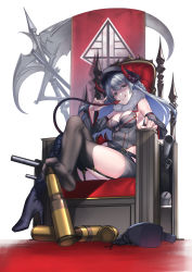 Rule 34 | 1girl, :q, ammunition, armpits, ash arms, belt, black belt, black bra, black footwear, black thighhighs, boots, bra, braid, breasts, character request, cleavage, commentary request, cross-laced footwear, crossed legs, curled horns, demon tail, detached sleeves, evil smile, front-tie bra, full body, fur collar, garter belt, grey eyes, grey hat, grey shirt, grey skirt, grey sleeves, hat, highres, holding tail, horns, ken ill, lace-up boots, large breasts, long hair, looking at viewer, miniskirt, peaked cap, scythe, shadow, shirt, sidelocks, silver hair, single thigh boot, sitting, skirt, sleeveless, sleeveless shirt, smile, solo, tail, thigh boots, thighhighs, throne, tongue, tongue out, turret, underwear, unworn boot, unworn boots, white background
