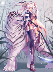 Rule 34 | 1girl, bad id, bad pixiv id, blue eyes, foocon, hair ornament, navel, original, petals, pink hair, scythe, solo, thighhighs, tiger, twintails, weapon, white hair