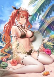 Rule 34 | 1girl, absurdres, azur lane, bikini, black bikini, blunt bangs, breasts, brown hair, choker, cleavage, cloud, commentary request, day, flower, frills, frown, gradient hair, hibiscus, highres, holding, honolulu (azur lane), large breasts, long hair, looking at viewer, maid, maid bikini, maid headdress, multicolored hair, outdoors, palm tree, red eyes, ribbon-trimmed thighhighs, ribbon trim, see-through, shawl, sideboob, sitting, sky, solo, sweat, swimsuit, thighhighs, tray, tree, twintails, unconventional maid, wariza, white thighhighs, yumao (miaowuxiaoxue)