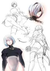 Rule 34 | 1girl, android, ass, black dress, black hairband, blindfold, blue eyes, boots, breasts, dress, feather-trimmed sleeves, gloves, high heel boots, juliet sleeves, long sleeves, nier (series), nier:automata, puffy sleeves, short hair, thigh boots, thighhighs, thighhighs under boots, 2b (nier:automata)