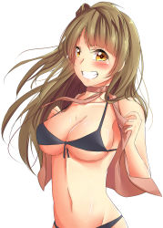 Rule 34 | 10s, 1girl, bikini, black bikini, blush, breasts, brown eyes, cleavage, grey hair, grin, highres, large breasts, long hair, looking at viewer, love live!, love live! school idol project, minami kotori, mistynight, navel, parted lips, simple background, smile, solo, standing, swimsuit, teeth, white background
