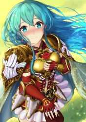 Rule 34 | 1girl, aqua cape, aqua eyes, aqua hair, armor, blush, breastplate, cape, closed mouth, day, earrings, eirika (fire emblem), elbow gloves, elbow pads, faulds, fingerless gloves, fire emblem, fire emblem: the sacred stones, floating hair, flower, from above, gloves, grass, hand on own chest, highres, holding, holding flower, holding hands, ippers, jewelry, light particles, long hair, looking at viewer, looking up, miniskirt, nintendo, nose blush, outdoors, pauldrons, pov, red flower, red gloves, red rose, rose, shoulder armor, sidelocks, skirt, smile, solo focus, very long hair, white skirt