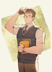 Rule 34 | 1boy, alternate costume, arm up, bad id, bad pixiv id, bara, black hair, book, brown hair, chataro1412, collared shirt, cowboy shot, glasses, hand on own head, holding, holding book, looking at viewer, male focus, necktie, pectorals, rimless eyewear, motoori shiro, shirt, short hair, solo, thick eyebrows, tokyo houkago summoners, toned, toned male, white shirt