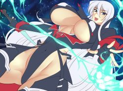 Rule 34 | 1girl, aya tsukishiro, breasts, fingerless gloves, gloves, haganef, highres, holding, holding weapon, huge breasts, long hair, original, solo, weapon, white hair