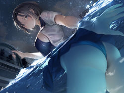 Rule 34 | 1girl, absurdres, ass, ass focus, blue skirt, blue one-piece swimsuit, blush, breasts, brown hair, closed mouth, clothes lift, dutch angle, from below, galaxy, grabbing, highleg, highleg swimsuit, highres, kaede (sayappa), large breasts, looking at viewer, milky way, night, night sky, one-piece swimsuit, open clothes, open shirt, original, partially submerged, partially underwater shot, pool, pool ladder, purple eyes, sailor collar, school uniform, see-through, shirt, short hair, short sleeves, skindentation, skirt, skirt lift, sky, smile, solo, star (sky), starry sky, swimsuit, swimsuit under clothes, thighhighs, water, wet, wet clothes, wet shirt, white shirt, white thighhighs