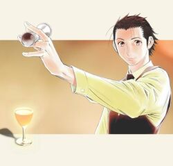 Rule 34 | 1boy, bartender (series), black hair, brown eyes, brown jacket, cup, jacket, long hair, sasakura ryuu, shirt, solo, white shirt