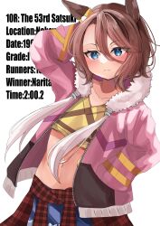 Rule 34 | 1girl, absurdres, animal ears, arm up, blue eyes, blue shorts, blush, closed mouth, commentary request, crop top, ear ornament, english text, fur-trimmed jacket, fur trim, hand in pocket, highres, horse ears, horse girl, jacket, long sleeves, midriff, narita taishin (umamusume), navel, open clothes, open jacket, pink jacket, plaid, plaid shirt, shirt, short hair, short shorts, shorts, simple background, solo, tied shirt, umamusume, white background, yokawa nagi