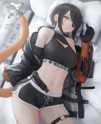 Rule 34 | 1girl, artist name, bad id, bad pixiv id, bare shoulders, black hair, black jacket, black shorts, black sports bra, blush, breasts, buckle, cleavage, cleavage cutout, closed mouth, clothing cutout, colored inner hair, commentary request, cowboy shot, cyborg, dolphin shorts, earrings, eyepatch, highres, jacket, jewelry, large breasts, long sleeves, looking at viewer, lying, mecha musume, mechanical arms, mechanical tail, midriff, mihato senba, multicolored hair, navel, off shoulder, on bed, on side, orange eyes, orange hair, original, pillow, prosthesis, short hair, short hair with long locks, shorts, sidelocks, single mechanical arm, slit pupils, smile, snap-fit buckle, solo, sports bra, sumi elias, swept bangs, tail, thigh strap, twitter username, two-tone hair, window