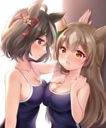 Rule 34 | 2girls, ahoge, animal ears, arm up, asymmetrical docking, bare arms, bare shoulders, black hair, blue one-piece swimsuit, blush, breast press, breasts, brown eyes, brown hair, cleavage, closed mouth, collarbone, commentary request, eye contact, grey hair, hair between eyes, horse ears, kabedon, kitasan black (umamusume), large breasts, long hair, looking at another, medium breasts, multicolored hair, multiple girls, nikoo, one-piece swimsuit, open mouth, profile, red eyes, satono diamond (umamusume), school swimsuit, streaked hair, sweat, swimsuit, twintails, two-tone hair, two side up, umamusume, upper body, very long hair, yuri