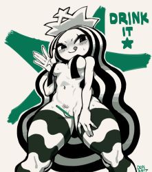 Rule 34 | 1girl, :d, between labia, blush, breasts, drinking straw, english text, fat mons, female pubic hair, green theme, highres, monochrome, nude, open mouth, product girl, pubic hair, pussy, simple background, smile, solo, starbucks, starbucks siren, stb-chan, taikodon, thick thighs, thighs