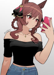 Rule 34 | 1girl, animal ears, artist name, bare shoulders, black shirt, braided hair rings, breasts, brown hair, cellphone, closed mouth, commentary request, cowboy shot, denim, gentildonna (umamusume), grey background, hair between eyes, hair ornament, highres, holding, holding phone, horse ears, horse girl, horse tail, jeans, jewelry, long hair, medium breasts, mukakin, nail polish, necklace, pants, phone, red eyes, red nails, shirt, shorts, simple background, smartphone, solo, tail, umamusume, upper body