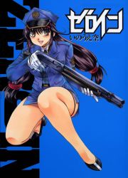 Rule 34 | 1girl, artist name, blue background, brown hair, copyright name, curvy, gloves, gun, hat, high heels, highres, holding, holding gun, holding weapon, inoue sora, jewelry, kneeling, legs, long hair, low-tied long hair, miniskirt, nazume mikuru, necklace, on one knee, peaked cap, pencil skirt, police, police uniform, policewoman, shoes, shotgun, skirt, solo, thighs, trigger discipline, twintails, uniform, weapon, white gloves, zero in